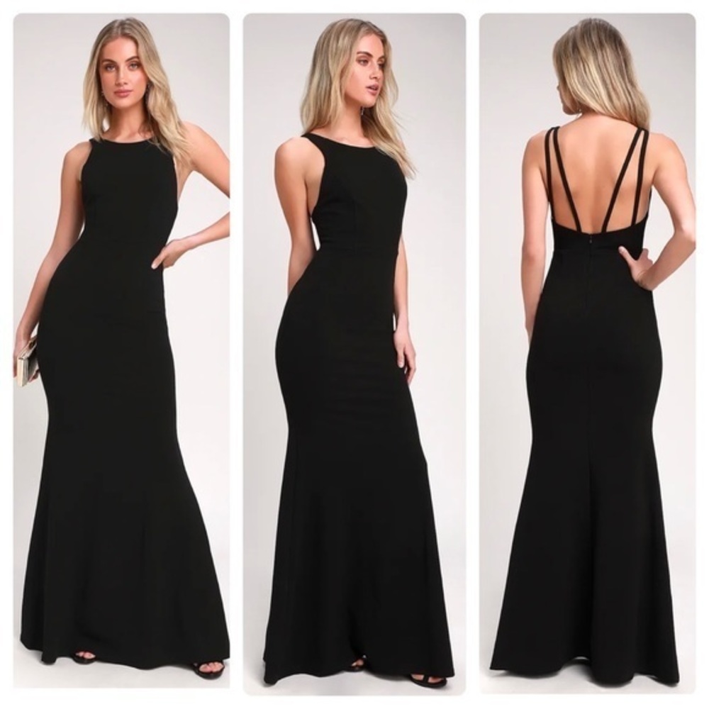 Lulu’s Dream About You Black Backless Trumpet Hem Maxi Dress Small S MM13